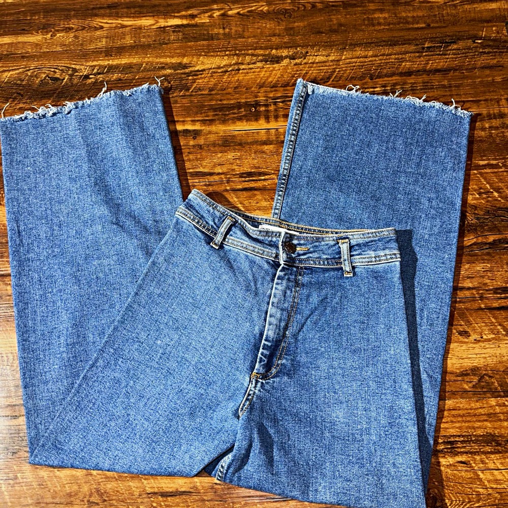 Zara Raw Hem Wide Leg Blue Denim Jeans  Cotton Blend Womens US 4